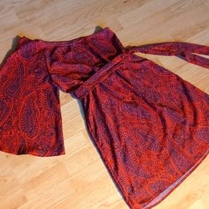 Sexy burnt orange and grey one shoulder bell sleeve dress with matching belt